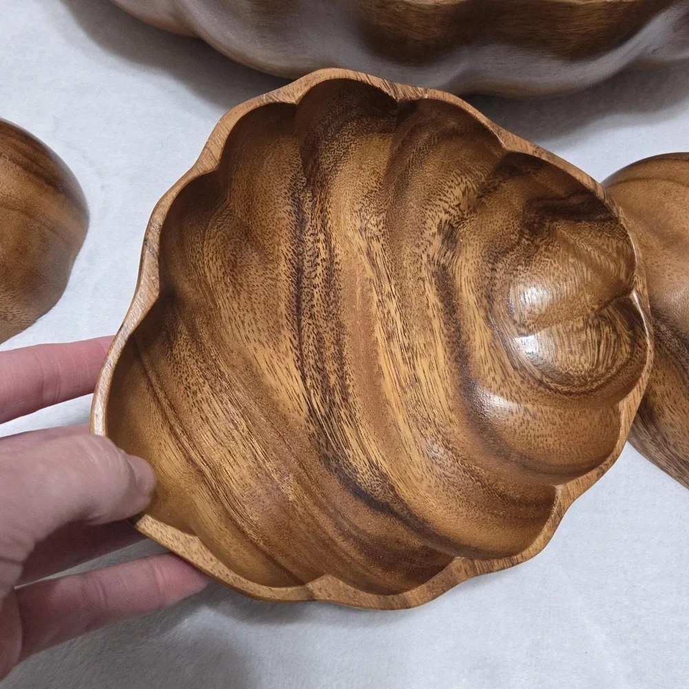 Vintage MCM Tiki Hawaiian Serving Bowl Set Teak Wood Shell‎ Shape Utensils 11 Pc